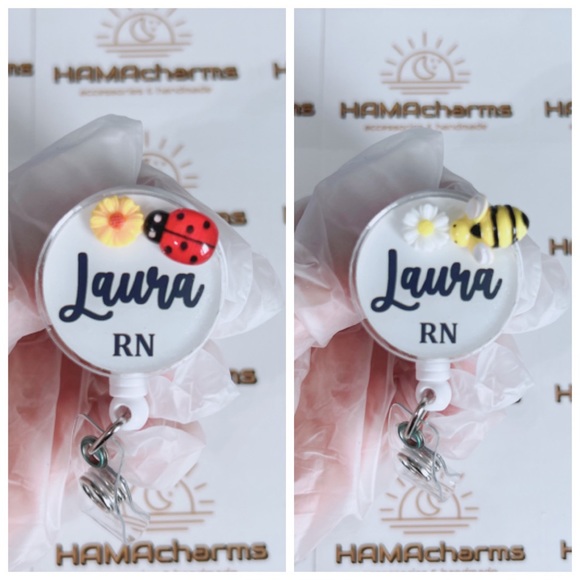 1 x Customized Badge Reel ID Holder with Name and Title 3D Daisy flowers - Picture 3 of 4